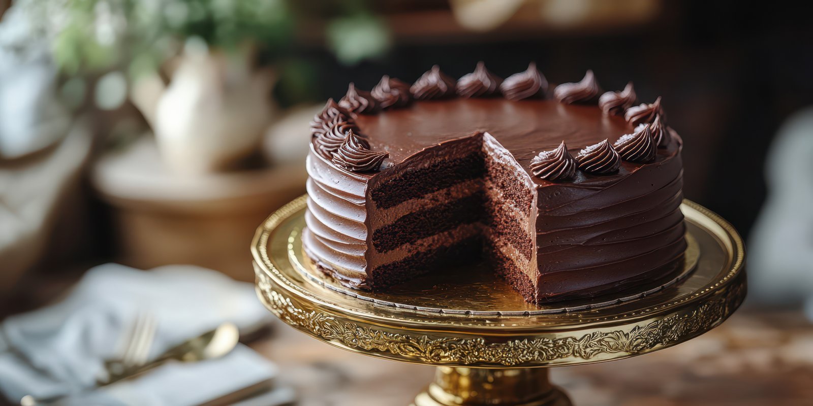 Chocolate layer cake on ornate stand with slice removed, creating a tempting dessert display